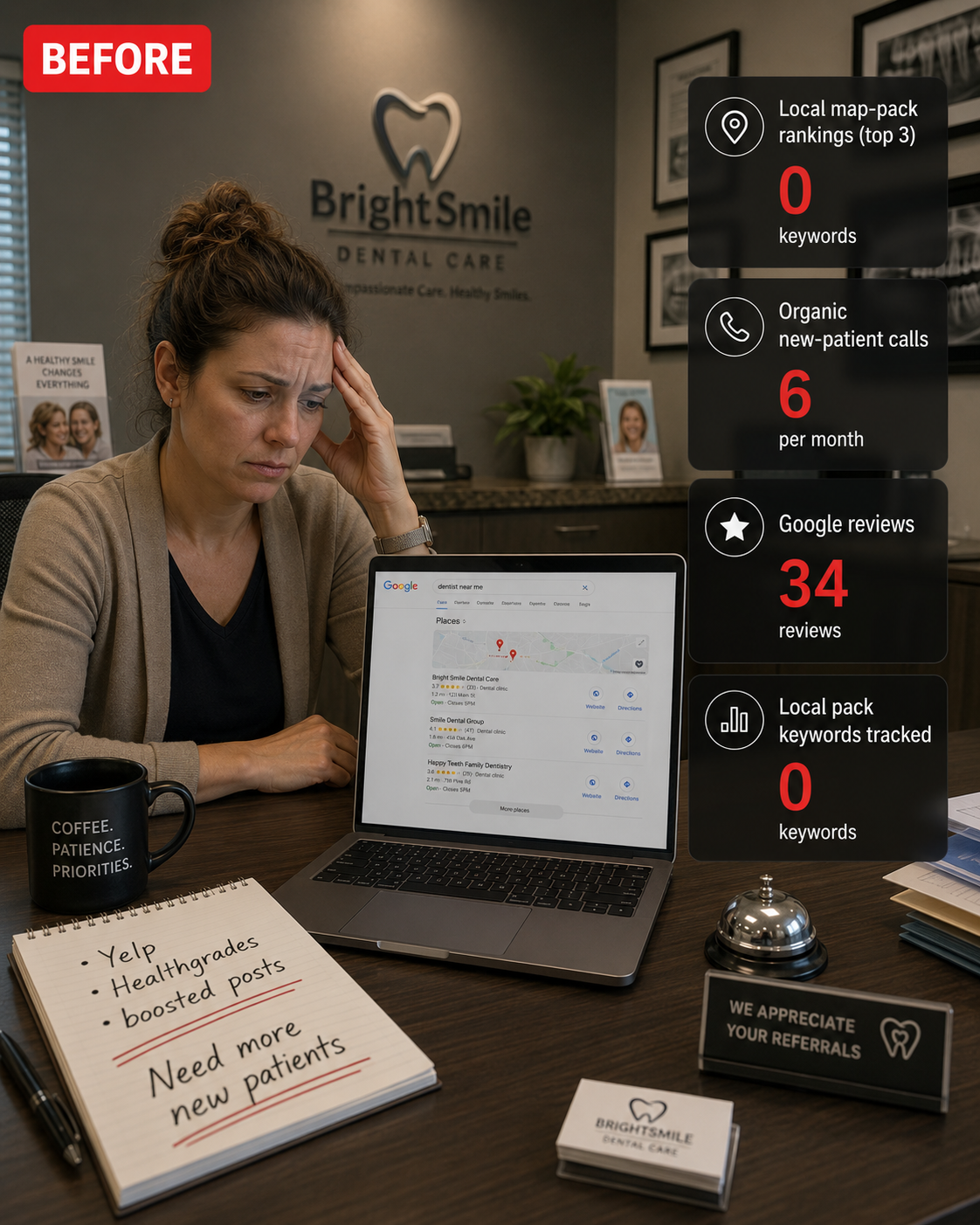 Dental clinic local search presence before SEO engagement